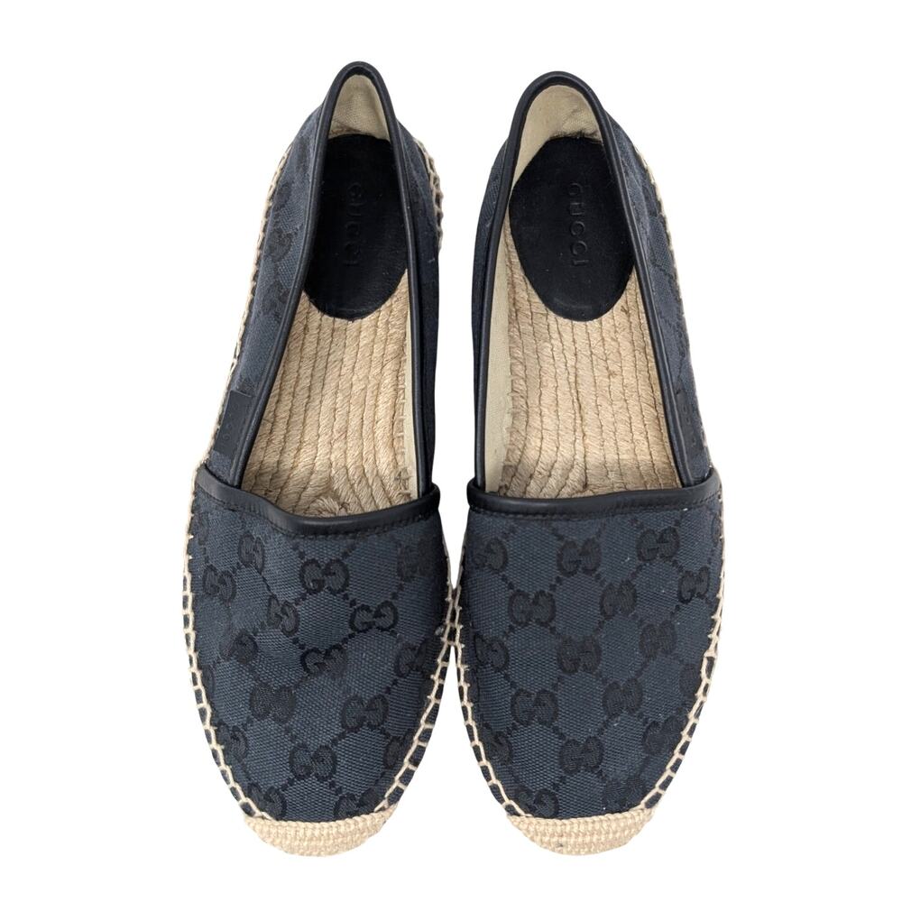 Authentic Gucci GG Black Canvas Espadrilles Leather Trim Jute Sole Shoes 37.5